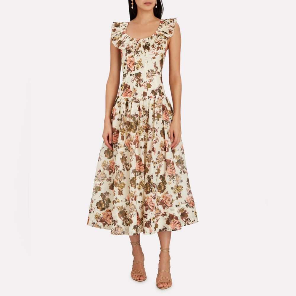Ulla Johnson Coretta Floral Pleated Ruffle Silk Cotton Organza Midi Dress Size 0